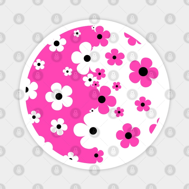 60's Retro Pop Small Flowers in Hot Pink and White, Black Magnet by MellowCat